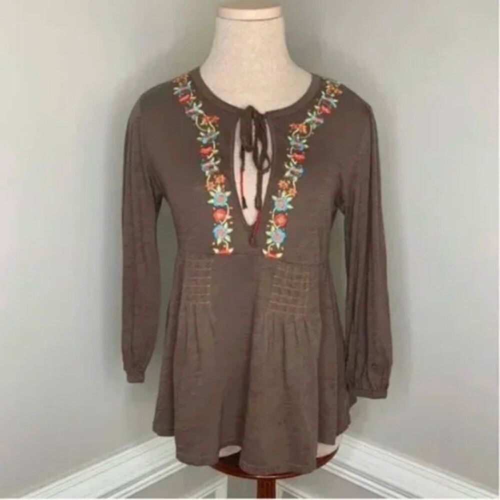 Free People Women's Medium Brown Top Smocked Peplum with Tie Open V-Neckline
